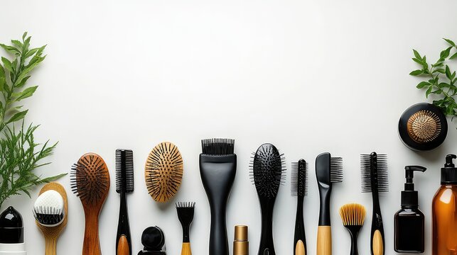 Composition with hairdresser accessories on wooden table
