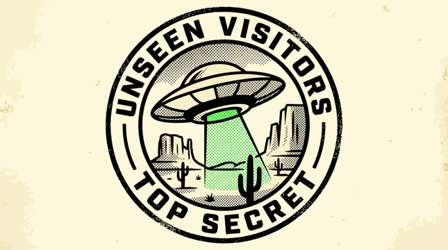 Vintage UFO "Unseen Visitors Top Secret" Badge Logo Illustration | Retro Sci-Fi Alien Flying Saucer Stamp Design in Desert Landscape