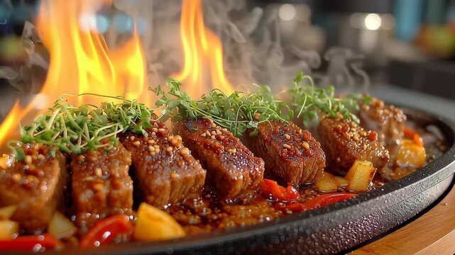 Sizzling grilled beef adorned with fresh herbs, surrounded by vibrant bell peppers and a savory sauce. fiery flames in the background accentuate the dish's sizzling allure, ideal for culinary arts and