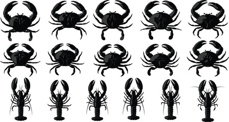 Black vector silhouettes of crabs and lobsters set, marine seafood icons, ocean wildlife illustrations, crustacean design elements for restaurant menus and market signs, © MstSahanaj