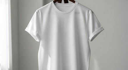 A white t-shirt hanging on a hanger against a plain wall with natural light coming from a nearby window.