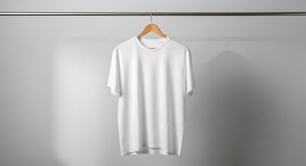 A white t-shirt hangs from a wooden hanger on a rail against a plain wall viewed from the front