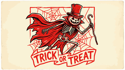 Obraz premium Vintage Halloween Trick or Treat Poster. Dapper Skeleton Gentleman in Top Hat and Red Cape with Jack-o'-Lantern Head. Retro Linocut Style Illustration.