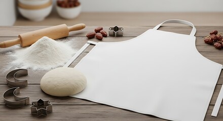 A blank apron mockup lies on a kitchen counter surrounded by baking utensils and ingredients.