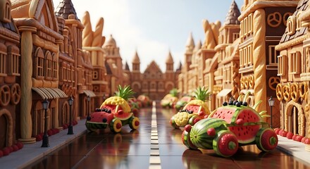 Fantasy city made of bread with watermelon cars on the street