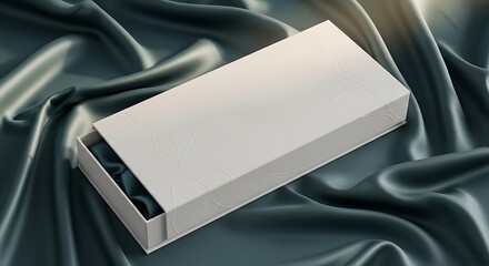 A white rectangular power bank lies on a dark satin fabric, viewed from above, showcasing its sleek design and black charging ports.