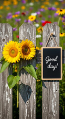 Fototapeta premium Two yellow sunflowers on rustic fence, a chalkboard with 