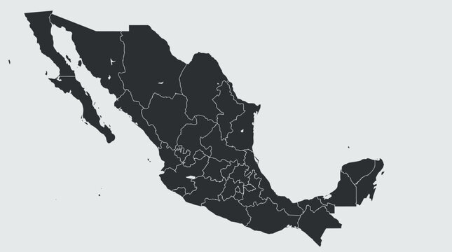 Highly Detailed Black Silhouette Map of Mexico with All Federal States and Political Boundaries