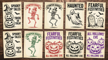 Fototapeta premium Vintage Halloween Posters Collection: Spooky Hand-Drawn Engraving Style Set with Jack-o'-Lanterns, Dancing Skeletons, Ghosts, and Gravestones.
