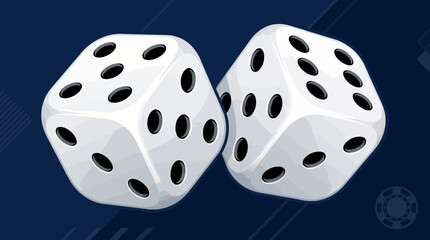 High-Shine Casino Dice Vector Illustration on Dark Blue Background. Pair of Rolling Dice for Gambling, Luck, Chance, and Game Design.