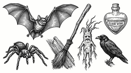 Fototapeta premium Vintage Occult Engraving Set: Bat, Mandrake, Raven, Potion, Spider, and Broomstick. Witchcraft and Dark Magic Elements in Woodcut Style for Halloween.