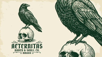 Fototapeta premium Vintage Engraving Logo of Raven Perched on a Skull. Detailed Gothic Woodcut Illustration Emblem Design.