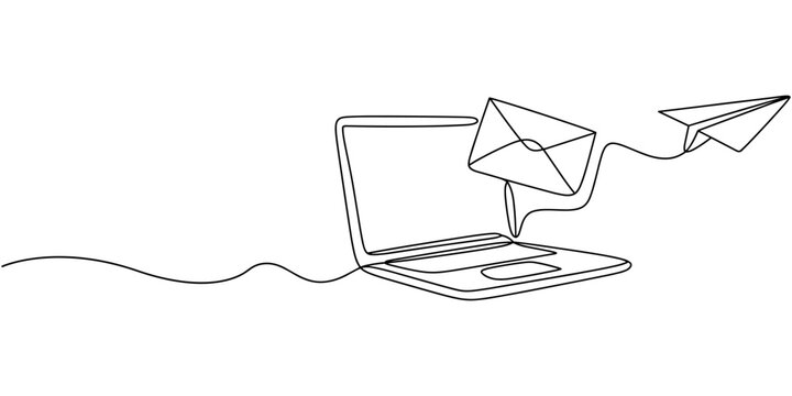 Laptop with envelope and paper plane continuous line drawing. Send message concept. Vector illustration isolated on white, Continuous one line drawing of Notebook connected with paper plane. Laptop