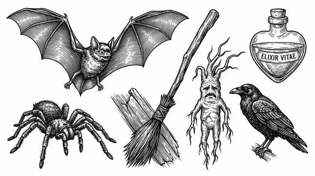 Vintage Occult Engraving Set: Bat, Mandrake, Raven, Potion, Spider, and Broomstick. Witchcraft and Dark Magic Elements in Woodcut Style for Halloween.
