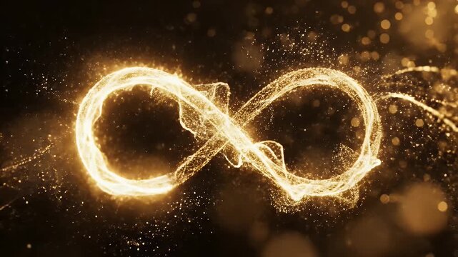 Golden glowing infinity loop symbol made of sparkling particles drifting in slow motion against a dark background, looping video footage.