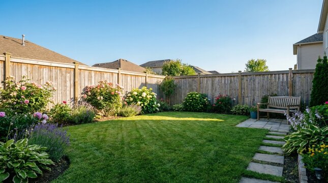 Well maintained suburban backyard with lush green lawn, colorful flower beds, wooden privacy fence, stepping stone path and a cozy wooden bench beneath a clear blue sky
