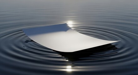 A stone slab floats on rippling water with reflections of light from above, serene scene captured from a high viewpoint