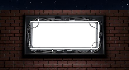 A rectangular stone slab mockup mounted on a brick wall at night with a starry sky