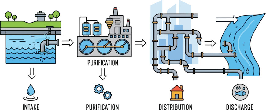 Water treatment process diagram illustrating purification stages and distribution system infrastructure