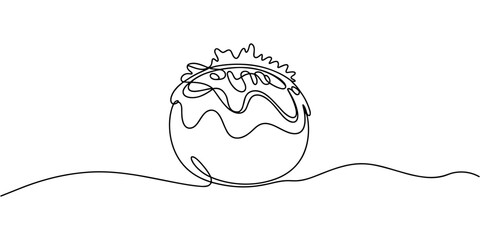 Obraz premium self drawing of continuous line draw stylized Japanese takoyaki ball logo label. Emblem seafood restaurant concept. Full length one line for cafe, shop or food delivery service.