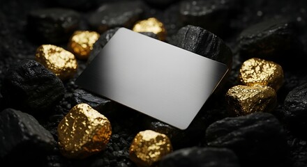 A blank ceramic plate surrounded by gold nuggets on black rocks viewed from above in a dark environment