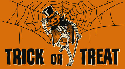 Vintage Halloween Greeting Card: Dapper Skeleton Jack-o'-Lantern with Top Hat, Cape, and Cane on Orange Spiderweb Background. Trick or Treat Banner.