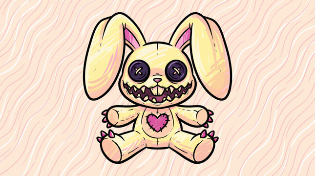 Creepy Cute Voodoo Bunny Doll. Scary Stuffed Rabbit Illustration with Button Eyes, Jagged Smile, and Stitched Heart on Pink Background.