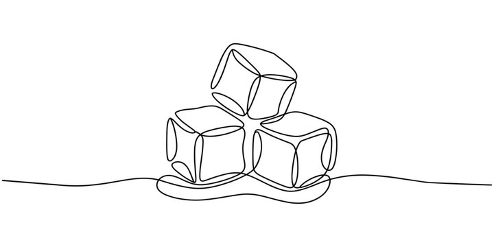 One continuous line illustration of stacked ice cubes, isolated on white background, Continuous line drawing of three ice cubes melting on a surface. Vector illustration.