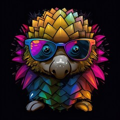 Obraz premium Whimsical Multicolored Geometric Sloth Character Wearing Sunglasses and Neon Feathers