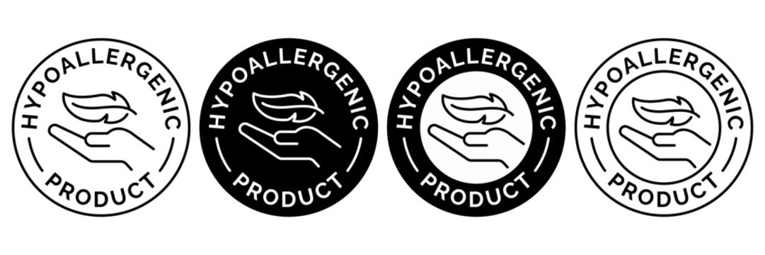 Hypoallergenic label icon set. Organic cosmetic skin care components for healthy and hydrated skin. Sensitive skin label, logo, badge, sign, symbol, black, line, flat vector, isolated illustration.