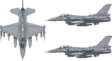 Gray Silhouettes of a Fighter Jet in Three Different Views Keywords: fighter jet, military aircraft, airplane, jet, aircraft