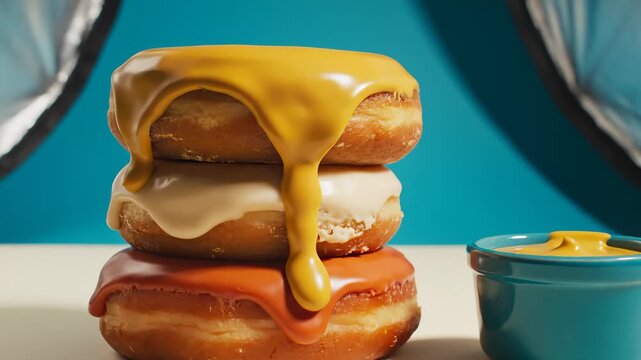 Stack of Three Glazed Donuts With Orange, White, and Yellow Frosting, One Dripping Onto the Next