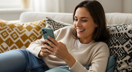 Serene young woman finds joy and connection through her personal device, embracing a moment of digital leisure and relaxation in her inviting living space