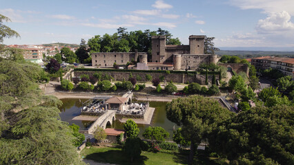 Fototapeta premium Aerial View of Jarandilla Medieval Castle with Pond, Spain