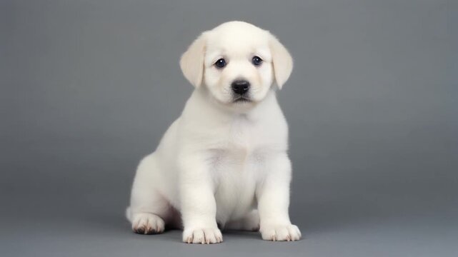 Adorable white puppy sitting on a plain background, looking up with a sweet expression and soft fur, radiating charm and innocence.