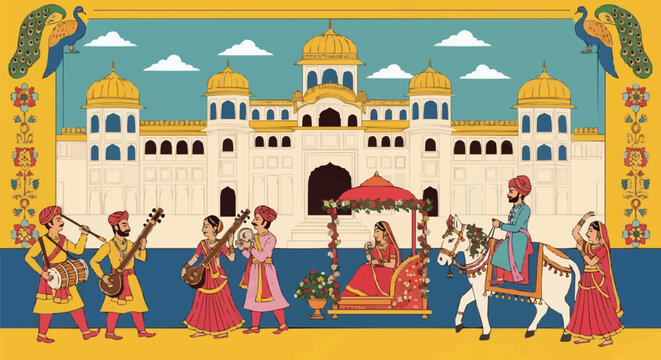 Traditional Indian Wedding Procession (Baraat) with Musicians and Bride in Doli, Royal Heritage Palace Background