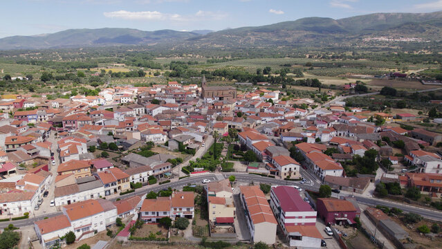 Aerial Orbiting View of Tejeda de Tietar Mountain Landscape and Traditional Town, Spain