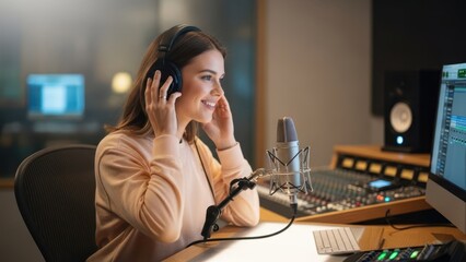 Sound of Studio Session: A radiant woman in headphones, smiles brightly as she concentrates on her recording session in a professional studio environment.