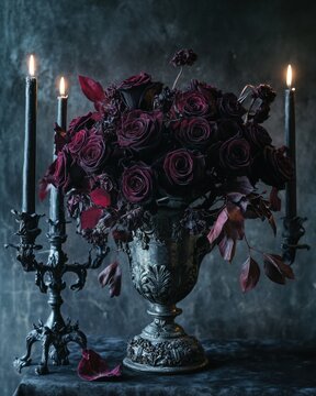 Dark Elegance: Moody Still Life of Black Baccara Roses, Red Dried Flowers, and Lit Candelabra on Velvet Background