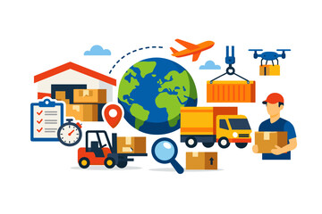 Naklejka premium Global logistics and supply chain management with diverse transportation methods