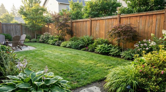 Well maintained suburban backyard featuring a vibrant green lawn, various trees and plants, a wooden fence, and a flagstone patio with adirondack chairs