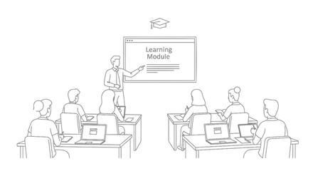 Vector illustration of people in a classroom with laptops