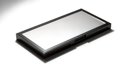 A sleek, rectangular black makeup compact with a mirrored lid, isolated on a clean white background.