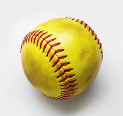 Close-up of a well-worn, vibrant yellow softball with bright red stitching on a white background