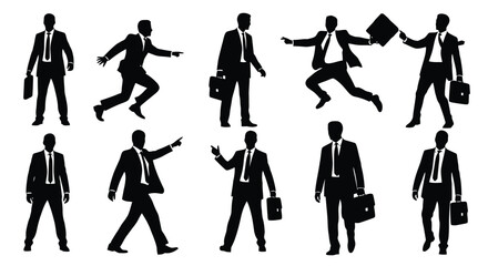 Fototapeta premium Collection of Silhouettes of Businessmen in Various Dynamic Poses, Holding Briefcases, and Expressing Action and Professionalism.