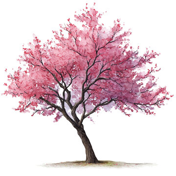 Watercolor Cherry Tree vector, artistic painting style, high-resolution illustration on a pure white background.