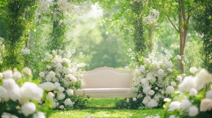 Enchanting Garden: A serene bench nestled amidst a lush, romantic garden, abundant with blossoming white flowers and verdant foliage, creates a peaceful sanctuary.