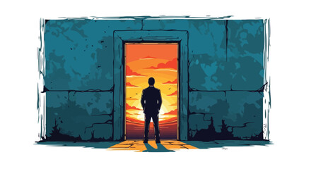 A solitary man in a suit stands silhouetted before a grand doorway, gazing at a vibrant sunset. © Muhamad