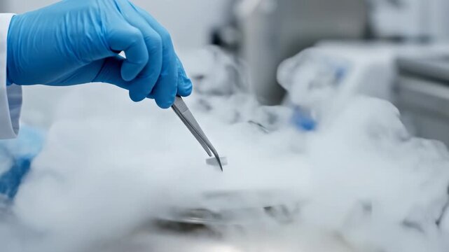 Tweezers Placing Cryo Vial Into Dewar, CloseUp Laboratory Action With Swirling Vapor, Delicate Transfer Of Frozen Specimen, Focused Instrumentation And Sterile Handling
