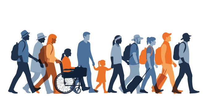 Diverse group of people walking together, including individuals with disabilities and children, carrying luggage and backpacks, symbolizing migration and travel.